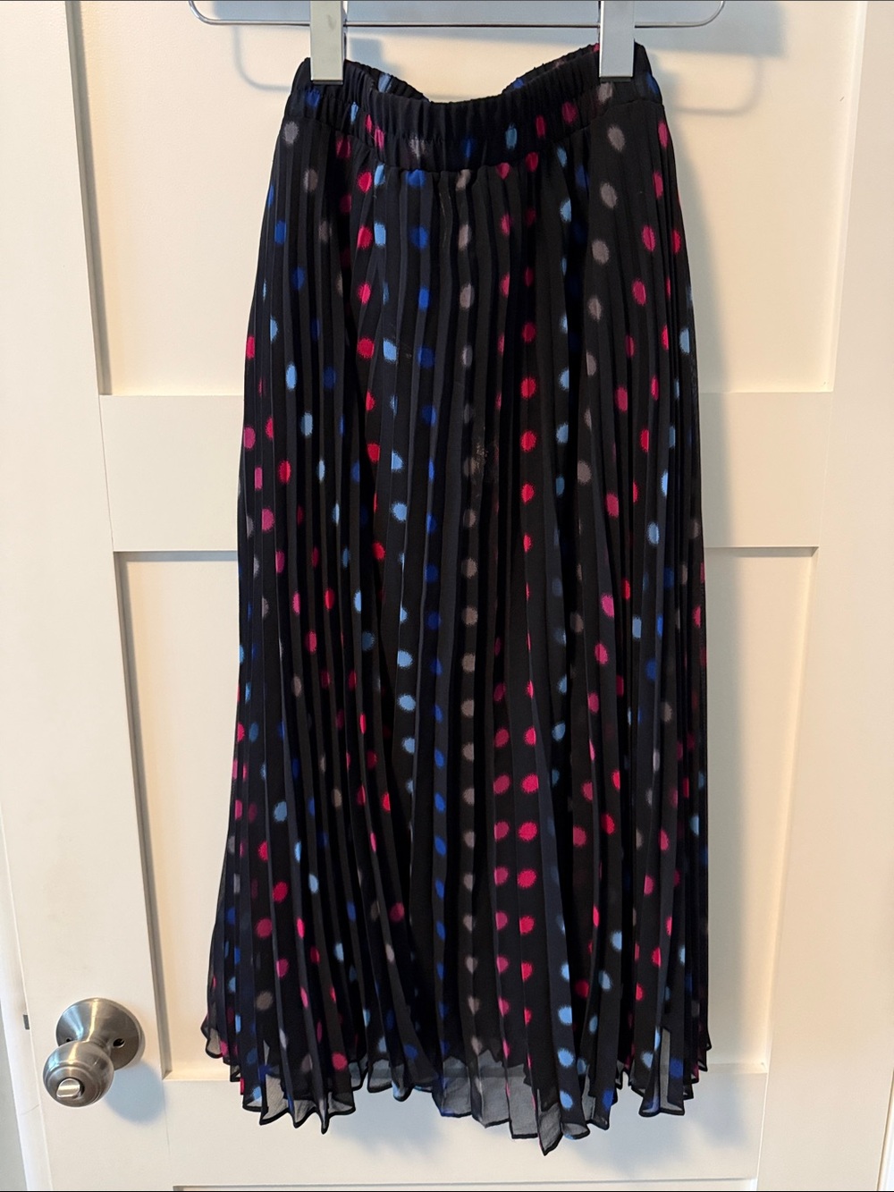 Sejour Black Pleated Maxi Skirt with Pink, Blue & Gray Polka Dots